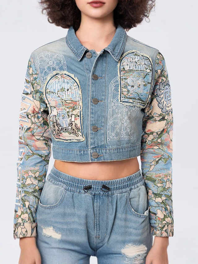Smoke Rise, Cropped Tapestry Denim Jacket, blue, Image 3 of 5