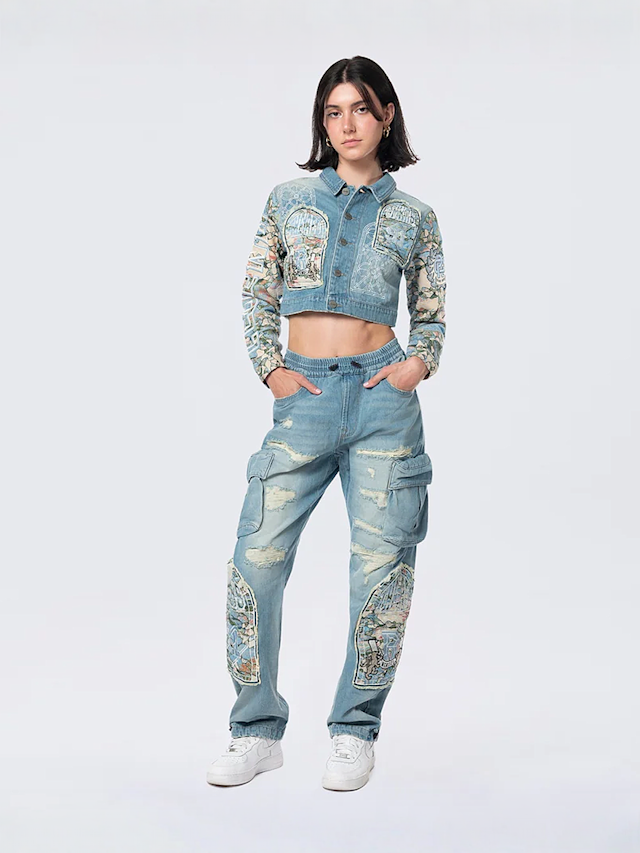 Smoke Rise, Cropped Tapestry Denim Jacket, blue, Image 5 of 5