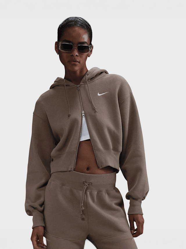 Nike, Sportswear Phoenix Fleece Loose Crop Full-Zip Hoodie, brown, Image 1 of 3