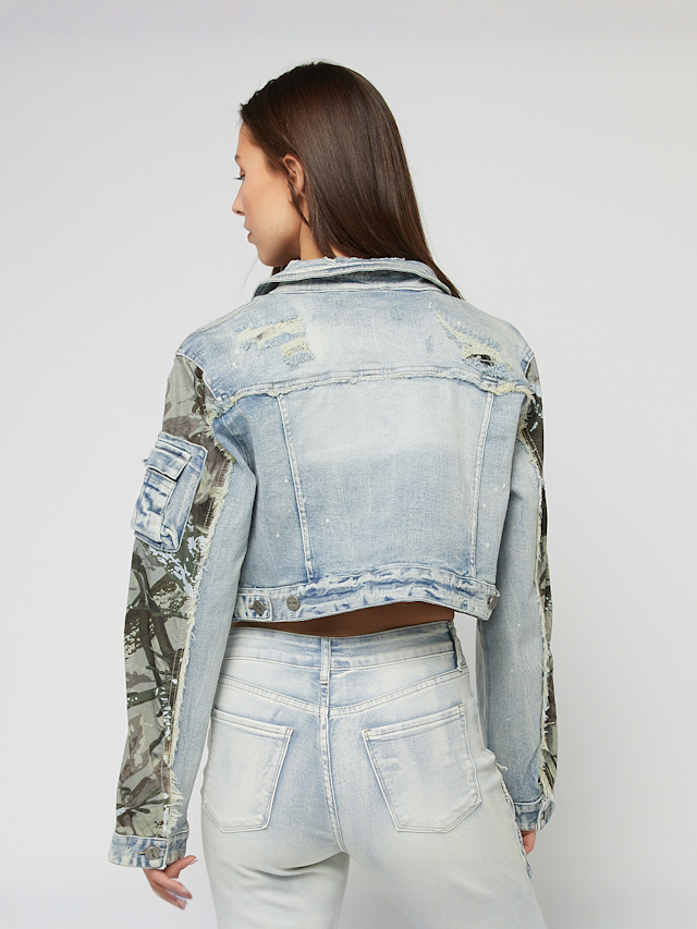 Smoke Rise, Denim Trucker Nylon Mixed Media Jacket, blauw, Afbeelding 2 van 6