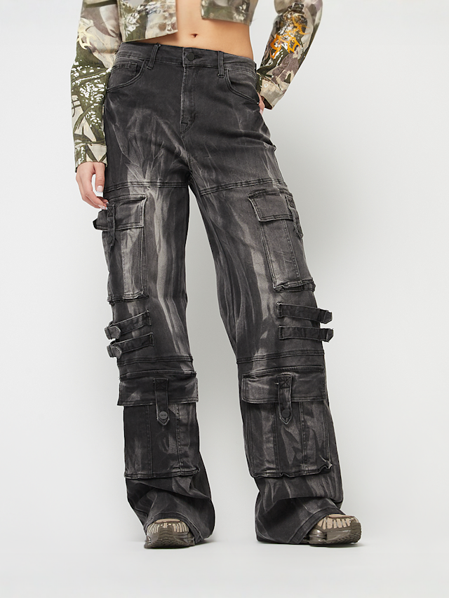 Smoke Rise, High Rise Multi Cargo Wide Leg Jeans, grijs, Afbeelding 1 van 8