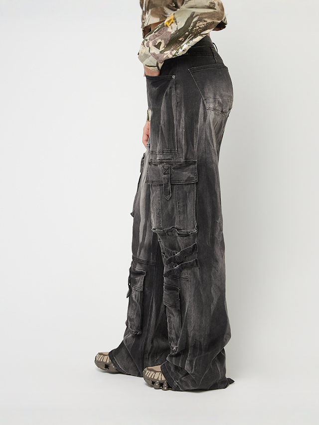 Smoke Rise, High Rise Multi Cargo Wide Leg Jeans, grey, Image 2 of 8