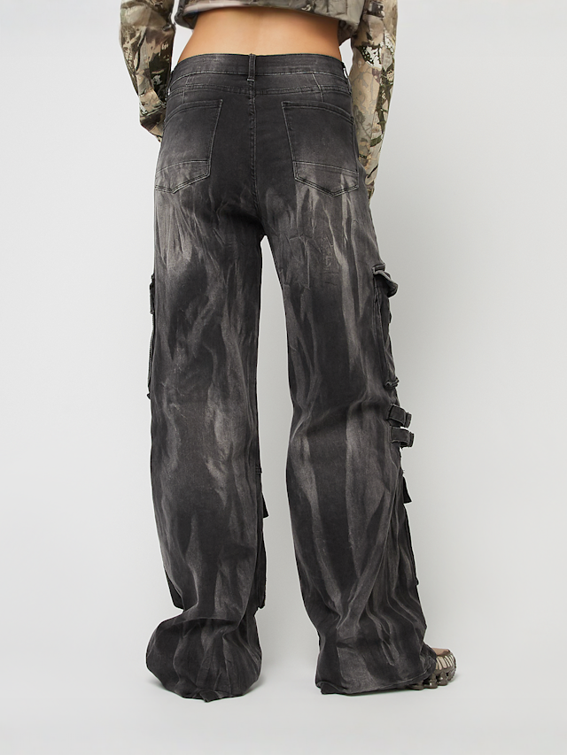 Smoke Rise, High Rise Multi Cargo Wide Leg Jeans, grey, Image 3 of 8