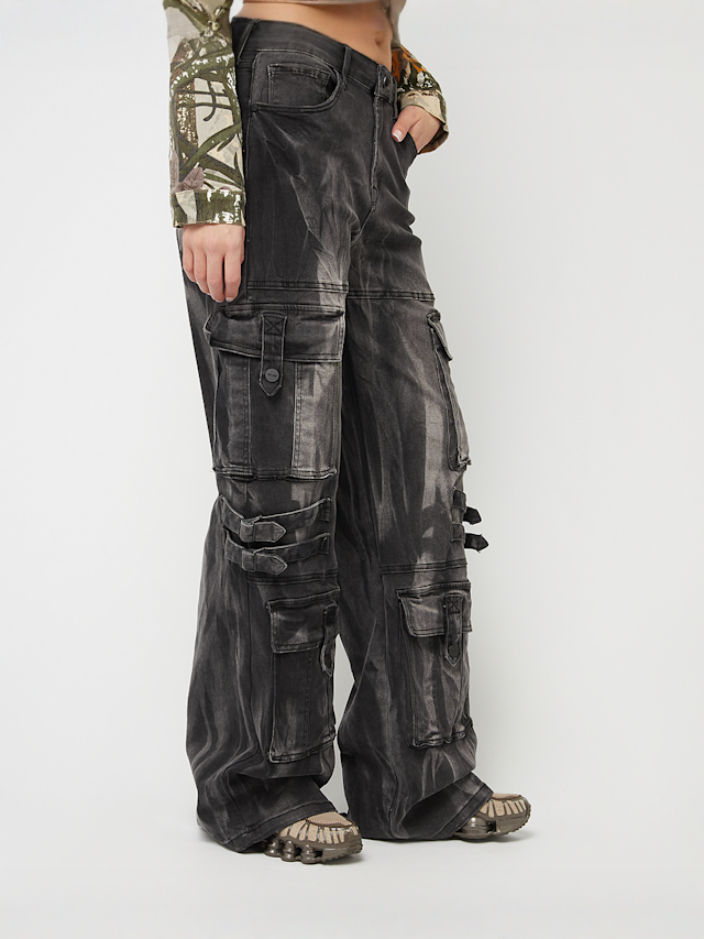 Smoke Rise, High Rise Multi Cargo Wide Leg Jeans, grey, Image 4 of 8