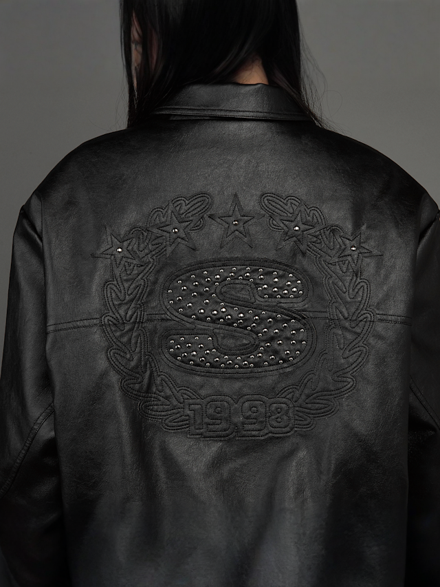 SNIPES, S Emblem Wavy Cut PU Jacket, black, Image 4 of 8