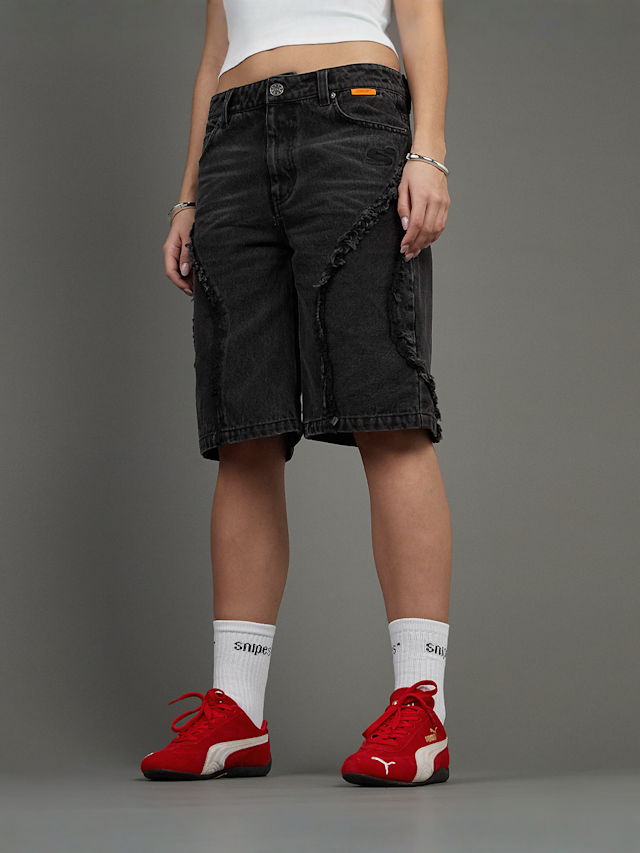 SNIPES, S Cube Inside Out Baggy Denim Shorts, black, Image 1 of 7