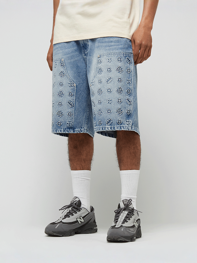 zəяo si:x nœf, Primary Logo Embossed Denim Shorts, blauw, Afbeelding 1 van 5
