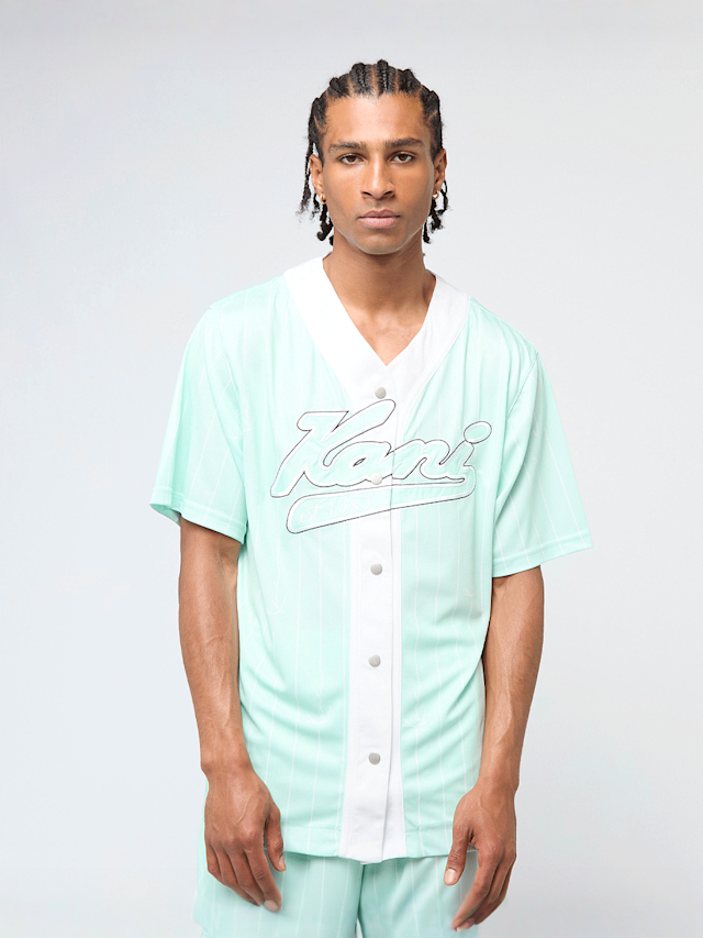 Karl Kani, Varsity Logo Pinstripe Baseball Shirt, turquoise, Image 1 of 4