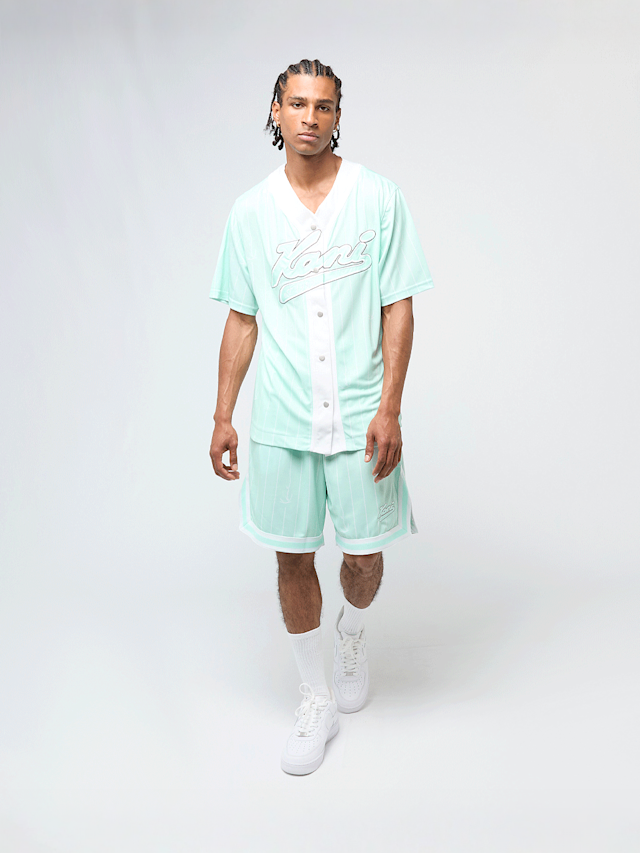 Karl Kani, Varsity Logo Pinstripe Baseball Shirt, turquoise, Image 4 of 4