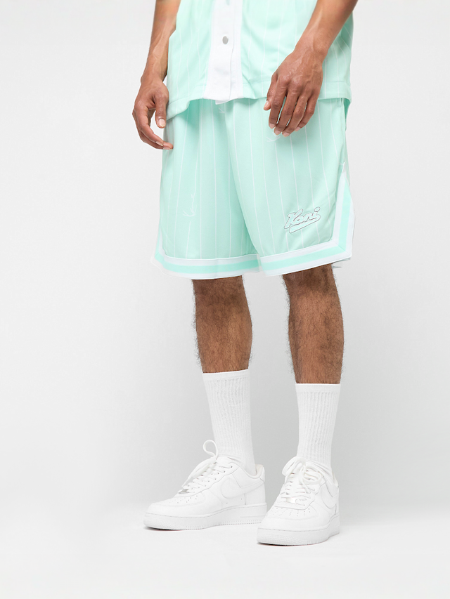 Karl Kani, Small Varsity Logo Pinstripe Mesh Shorts, blue, Image 1 of 4
