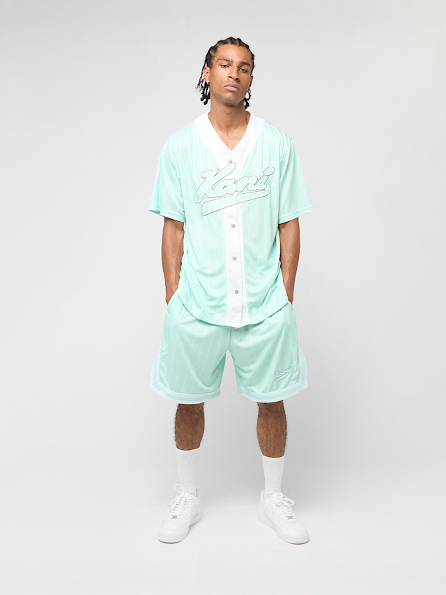 Karl Kani, Small Varsity Logo Pinstripe Mesh Shorts, blue, Image 4 of 4