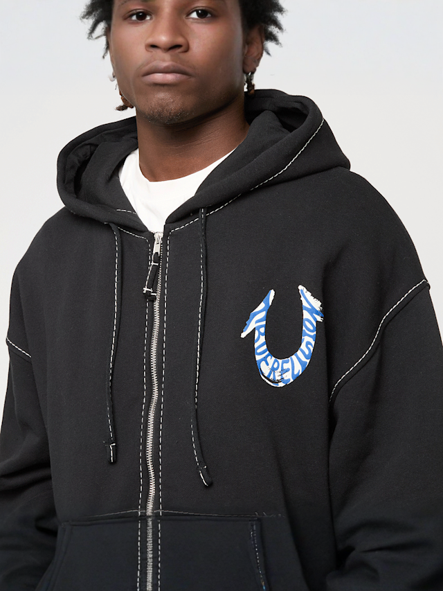 True Religion, HS PAINT CINCHED BIG T ZIP UP JET BLACK, black, Image 3 of 5
