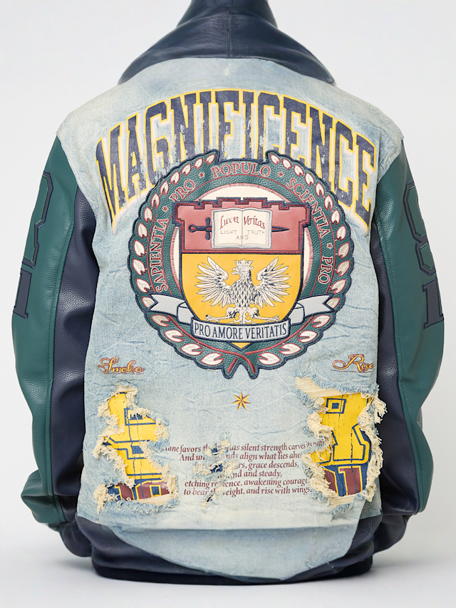Smoke Rise, MAGNIFICENCE DENIM VARSITY JACKET MECHANICAL BLUE, blue, Image 6 of 8