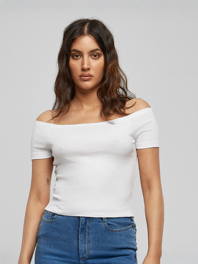 Urban Classics, Ladies Off Shoulder Rib Tee, wit, Afbeelding 1 van 3