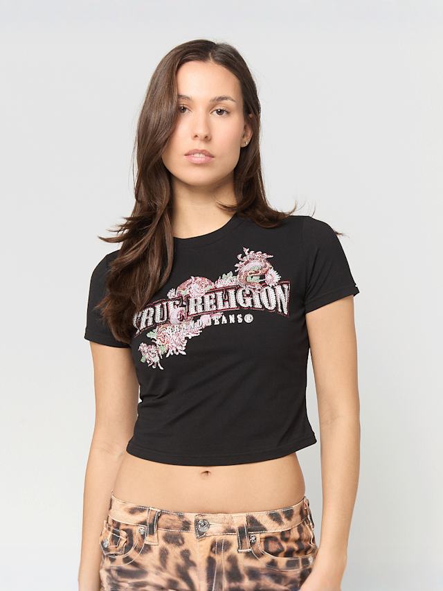 True Religion, Crystal Snake Shortsleeve Baby Tee, black, Image 1 of 4
