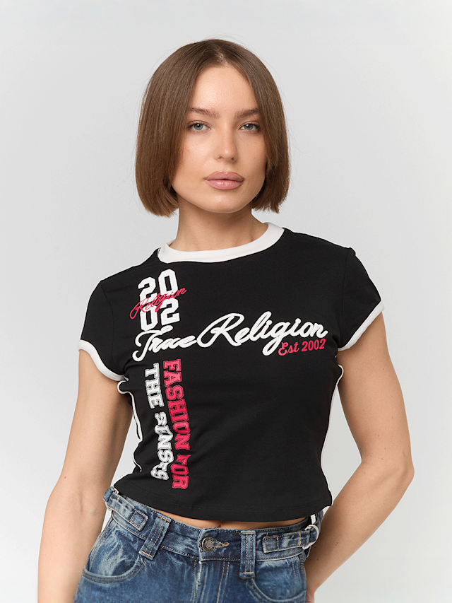 True Religion, Sporty Cap Sleeves Ringer Baby Tee, black, Image 1 of 4