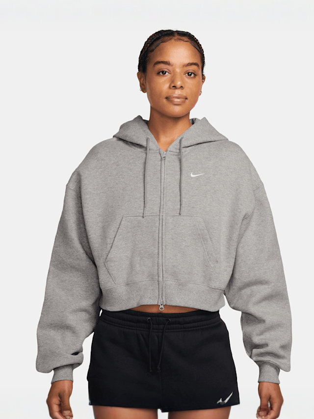 Nike  , Studio Fleece Mid Waist Oversized Crop Full Zip Hoodie, grey, Image 1 of 3