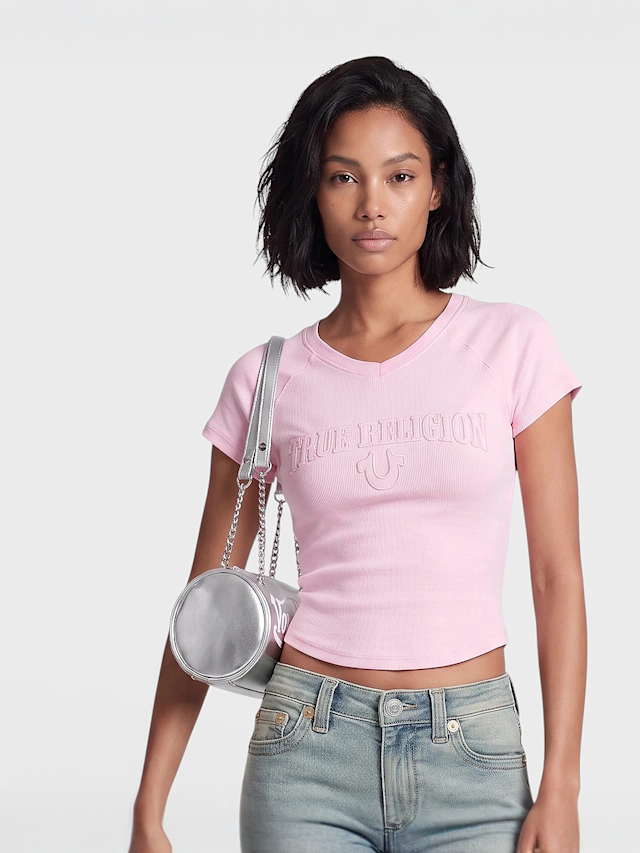 True Religion, Embroidered Washed Rib Baby Tee, Pink, Image 1 of 4