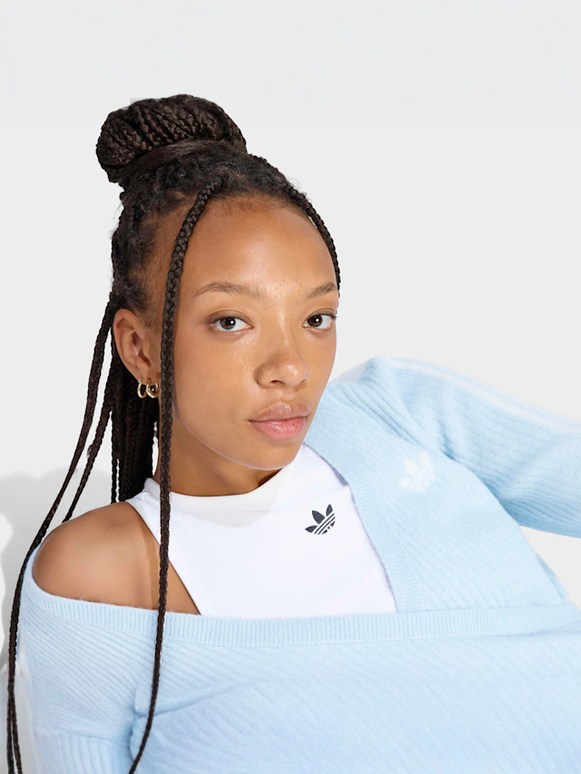 adidas Originals, Adiluna Season 2 X Jennie Knitted Wrap Around Cardigan, blue, Image 3 of 5
