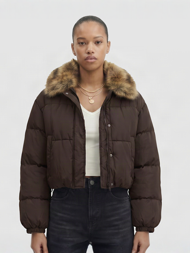 Urban Classics, Ladies Cropped Fake Fur Collar Jacket, brown, Image 1 of 4