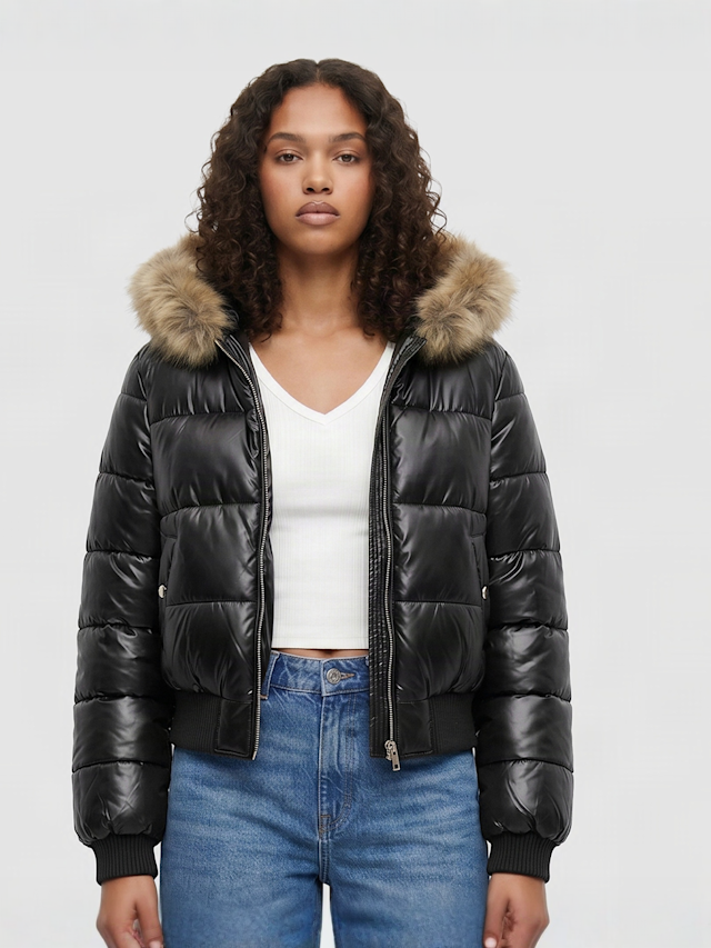 Urban Classics, Bomber Fake Fur Hooded Jacket, black, Image 1 of 4