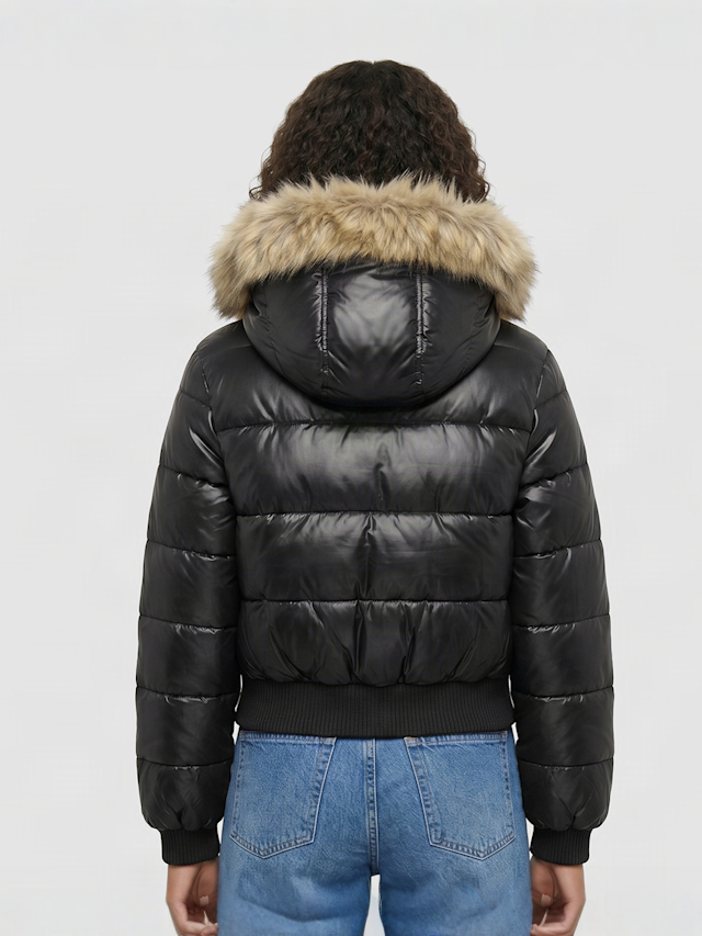 Urban Classics, Bomber Fake Fur Hooded Jacket, black, Image 2 of 4
