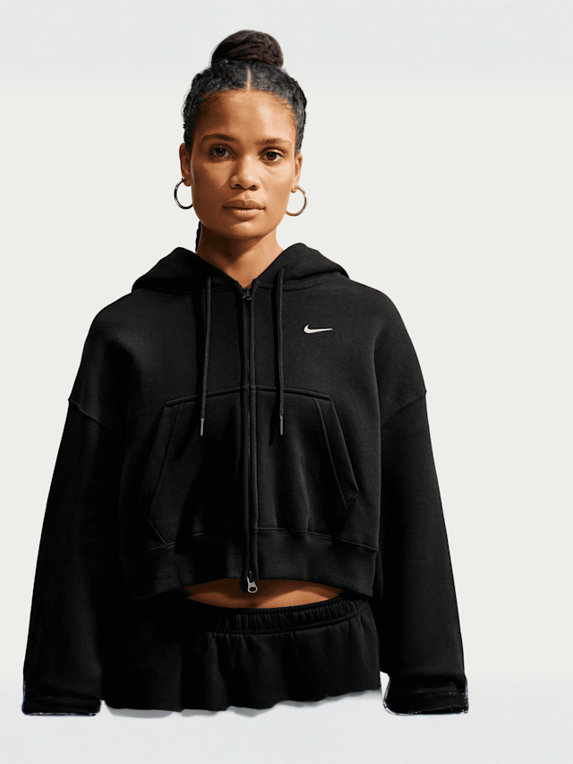 Nike  , Studio Fleece Medium Weight Oversized Crop Full Zip Hoodie, black, Image 1 of 5