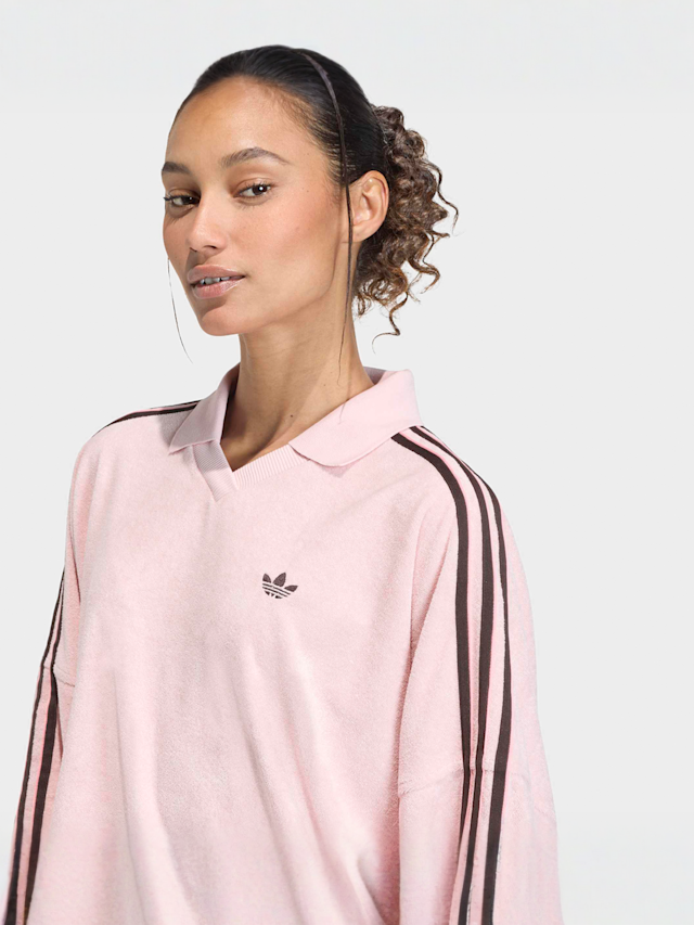 adidas Originals, Terry Towel V Neck Long Sleeves Polo Shirt, Pink, Image 3 of 5