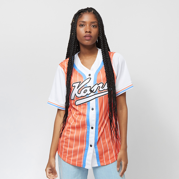 Karl Kani College Block Pinstripe Baseball Jersey Shirt orange 17951 1