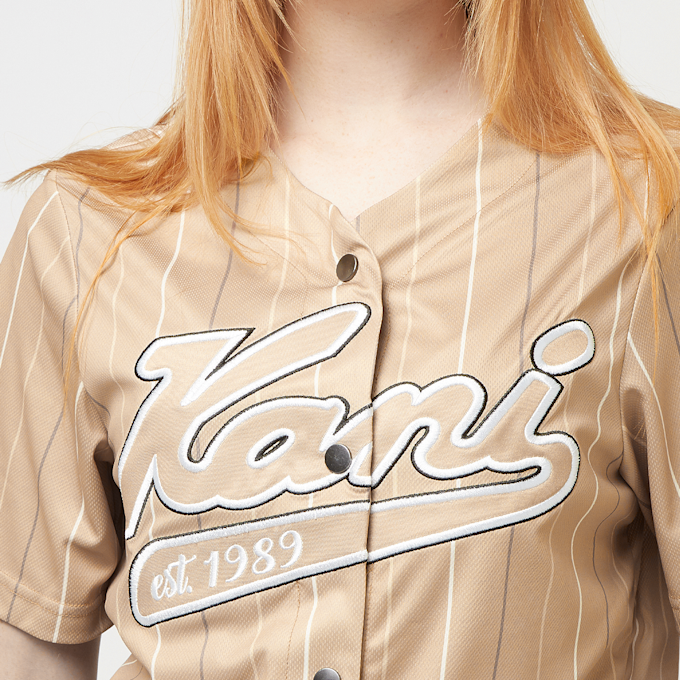 Karl Kani Varsity Tonal Pinstripe Baseball Shirt light blue beige 24705 3