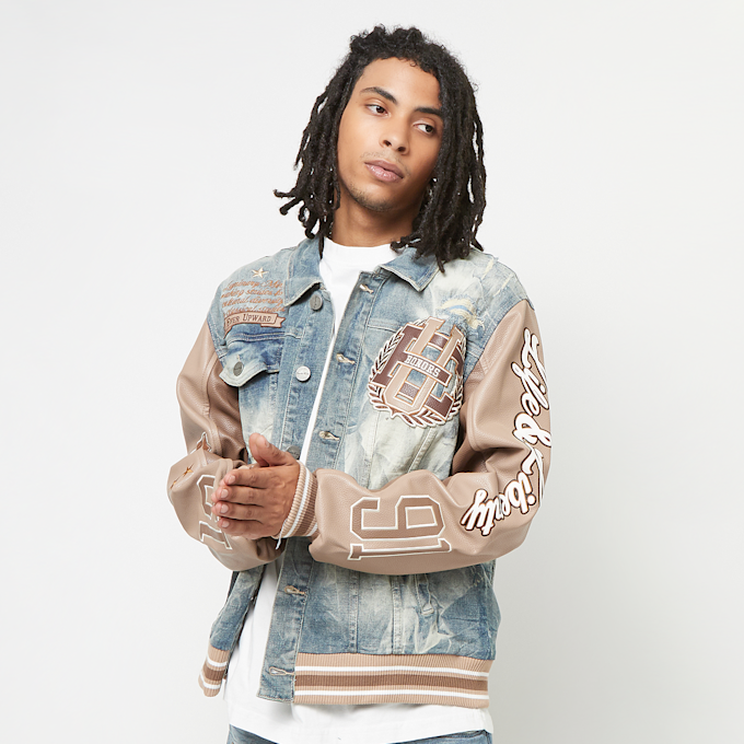 Smoke Rise Varsity Polyurethan Sleeve Denim Jacket blu 46372 1