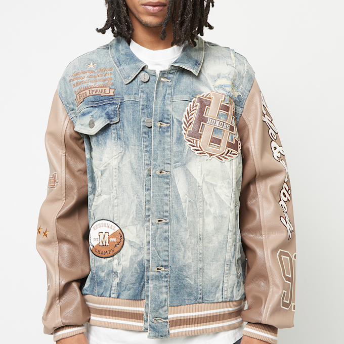 Smoke Rise Varsity Polyurethan Sleeve Denim Jacket blu 46372 3