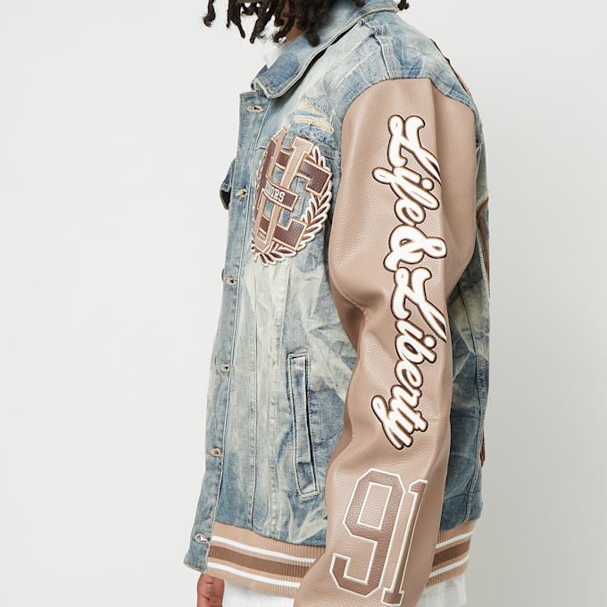 Smoke Rise Varsity Polyurethan Sleeve Denim Jacket blu 46372 4