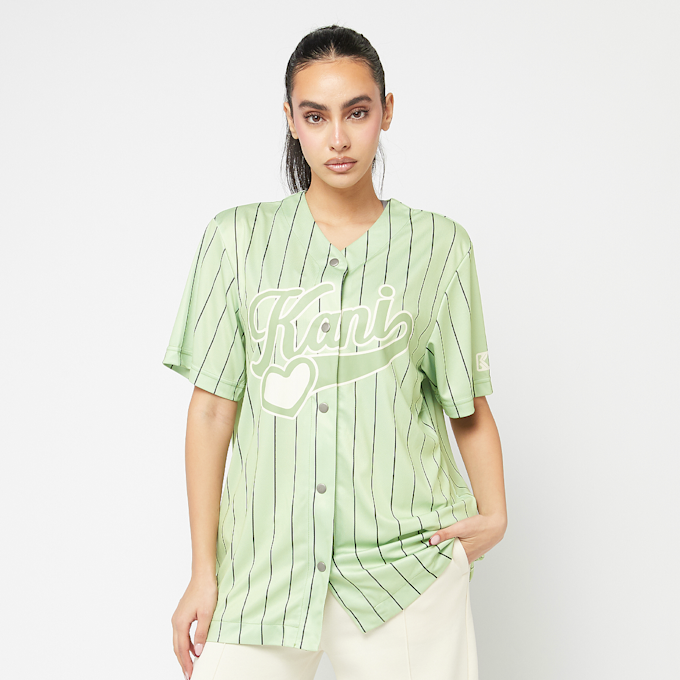 Karl Kani Varsity Heart Pinstripe Baseball Shirt light green/off white verde 44937 1