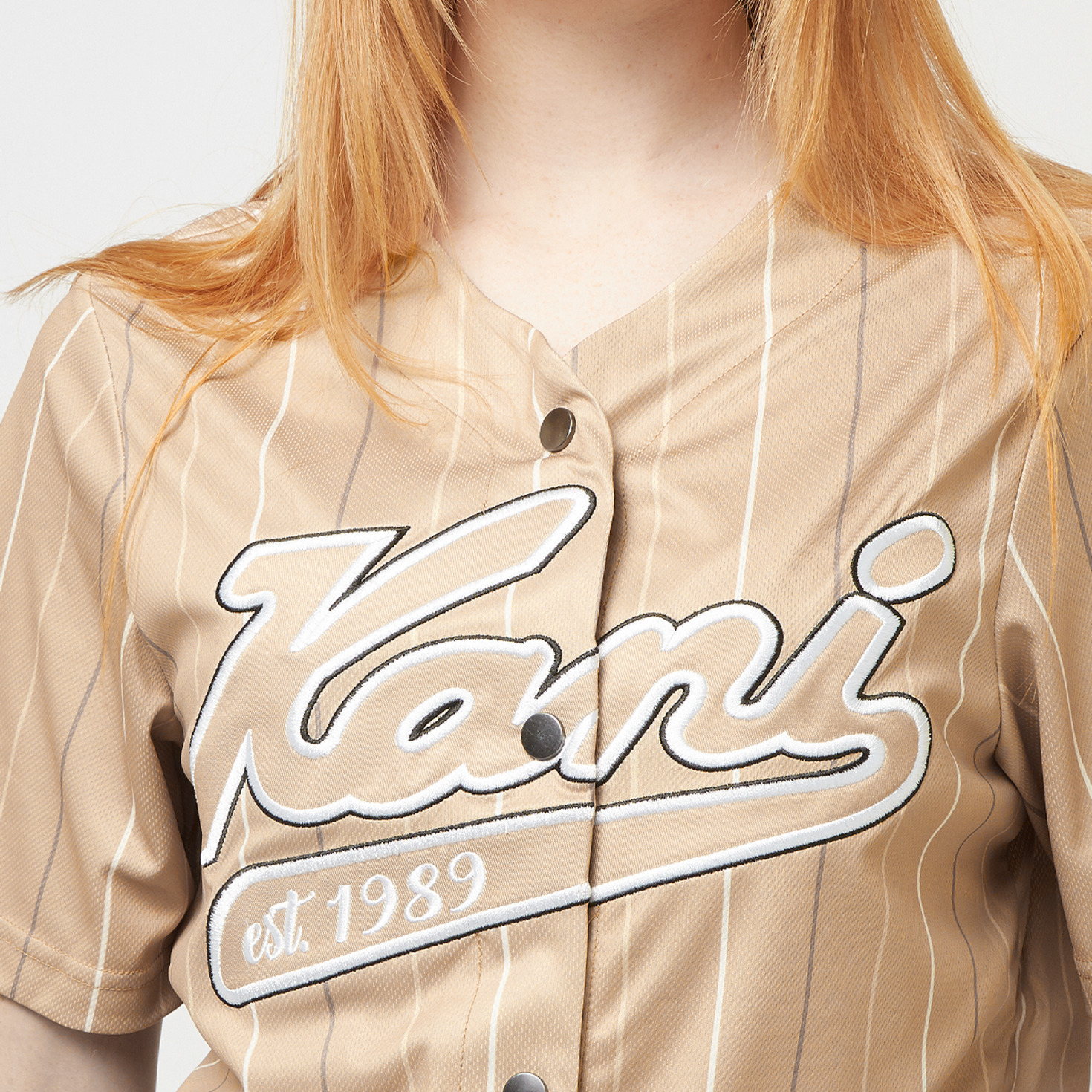 Karl Kani Varsity Tonal Pinstripe Baseball Shirt light blue beige
