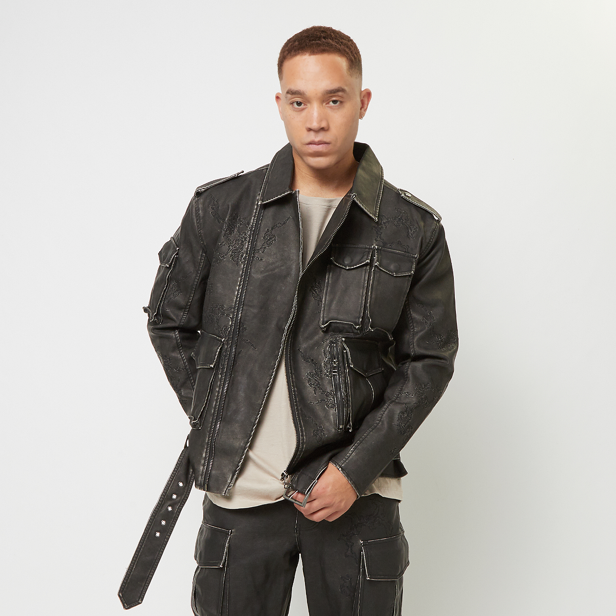 ★BADBLOOD★ Cracked Leather Biker Jacket Smokey Black w-jkt Men's Brando Black ''Ghostrider'' Spiked Leather Biker