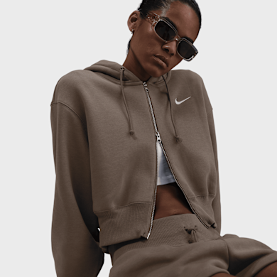 Nike Sportswear Phoenix Fleece Loose Crop Full-Zip Hoodie brązowy
