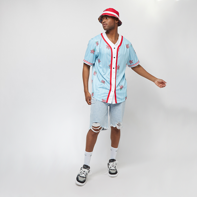 Karl Kani x Stranger Things Woven Signature Pinstripe Baseball Shirt azul 12972 5