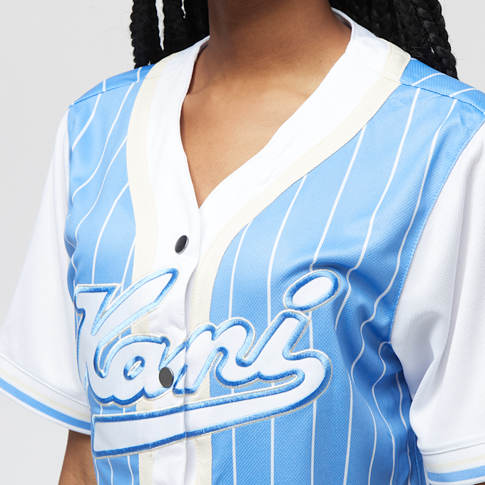 Karl Kani College Block Pinstripe Baseball Jersey Shirt bleu 17950 3