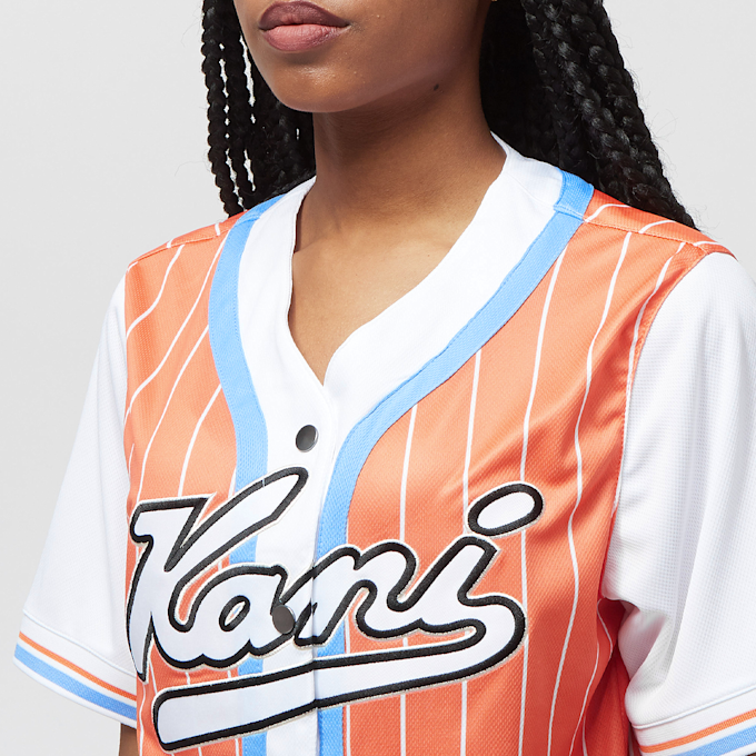 Karl Kani College Block Pinstripe Baseball Jersey Shirt arancione 17951 3