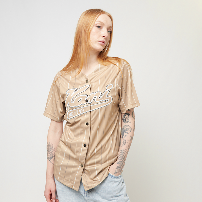 Karl Kani Varsity Tonal Pinstripe Baseball Shirt light blue bege 24705 1