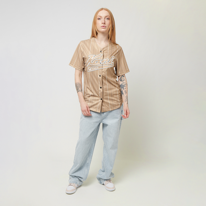 Karl Kani Varsity Tonal Pinstripe Baseball Shirt light blue beige 24705 4
