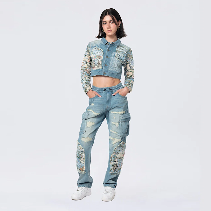 Smoke Rise Cropped Tapestry Denim Jacket blu 40372 5
