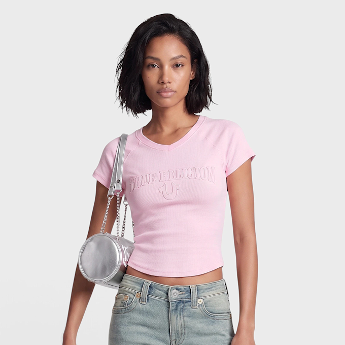 True Religion Embroidered Washed Rib Baby Tee Fucsia 102376 1
