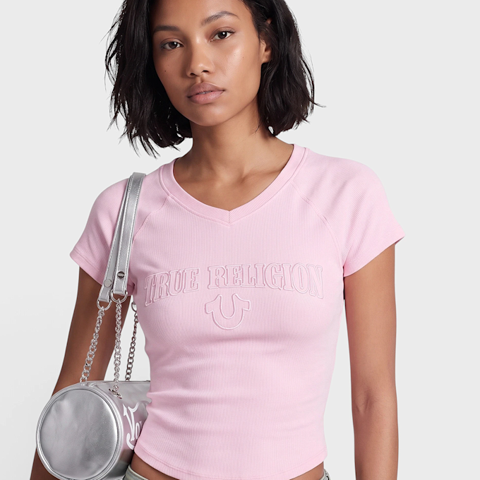 True Religion Embroidered Washed Rib Baby Tee Fucsia 102376 3