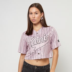 Karl Kani OG Star Logo Crop Pinstripe Baseball Shirt lichtroze