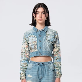 Smoke Rise Cropped Tapestry Denim Jacket bleu