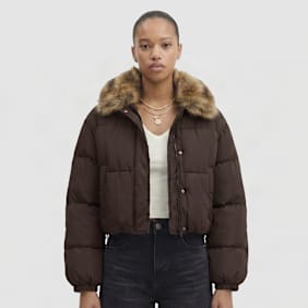 Urban Classics Ladies Cropped Fake Fur Collar Jacket brun