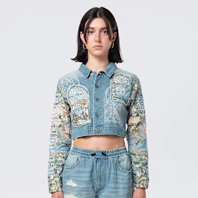 Smoke Rise Cropped Tapestry Denim Jacket niebieski