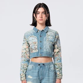 Smoke Rise Cropped Tapestry Denim Jacket bleu